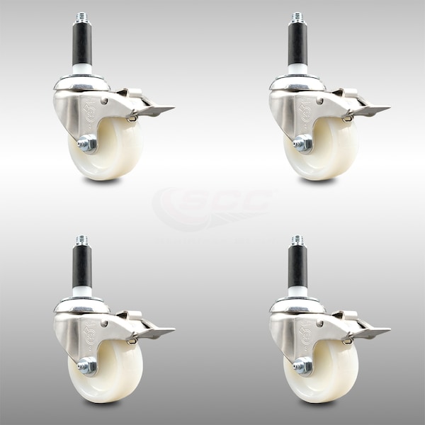 3 Inch 316SS Nylon Wheel Swivel 3/4 Inch Expanding Stem Caster Set Lock Brake